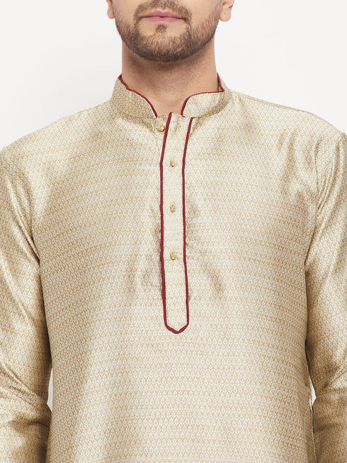 Vastramay Men's Beige Silk Blend Kurta and Maroon Pant Style Pyjama Set